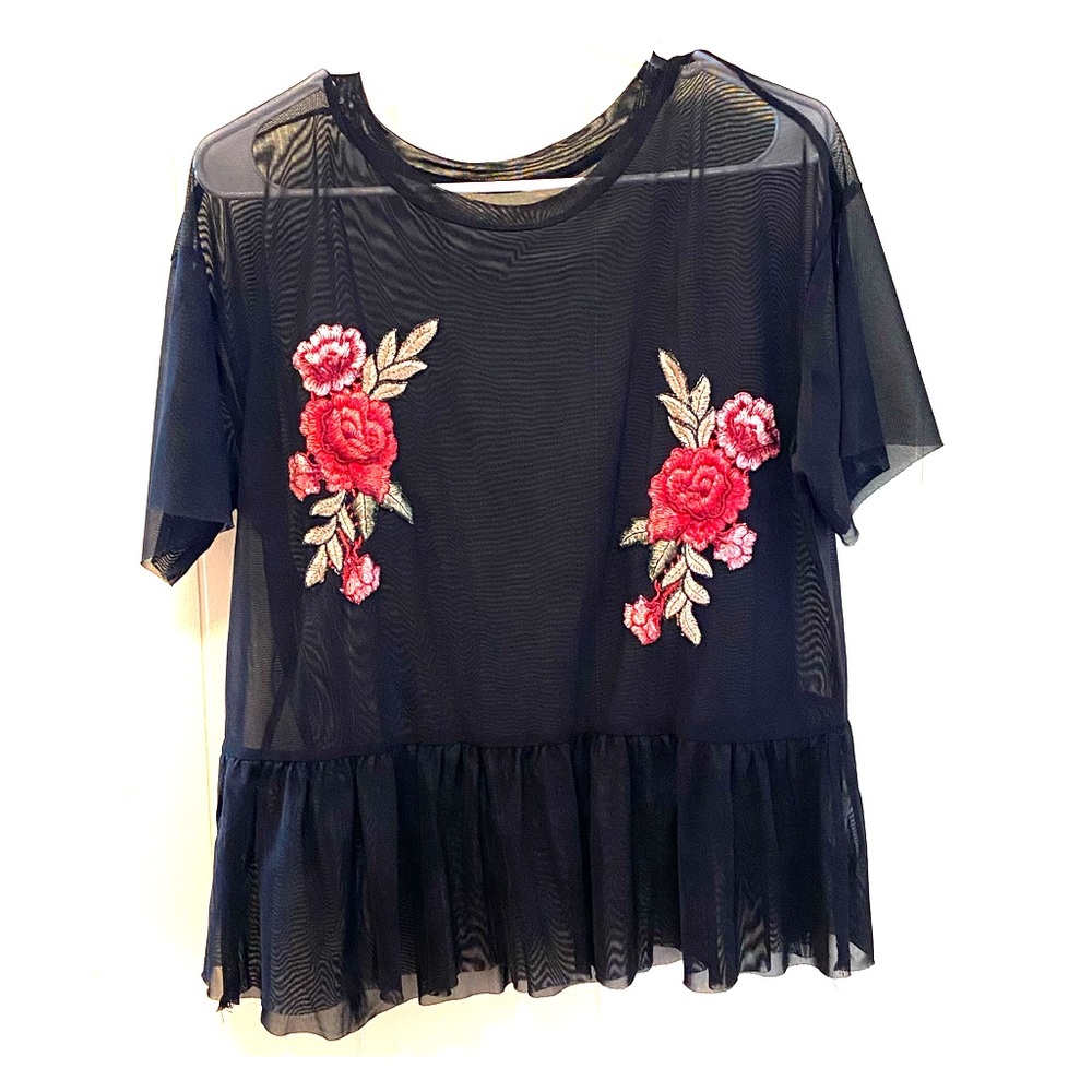 Sheer Black Blouse with Rose Stitching